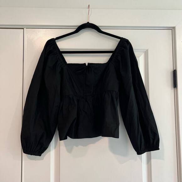 J Crew Women's Cropped Square Neck‎ Longsleeve Cotton Blouse Black Size 8 - Picture 1 of 9